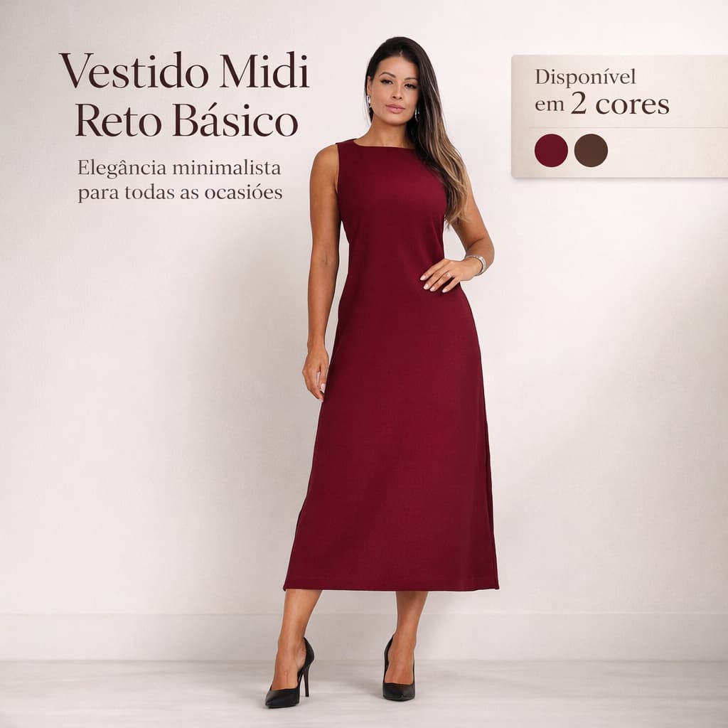 Vestido Midi Reto Alfaiataria com Fenda Lateral Básico Elegante Confortável Moda Casual