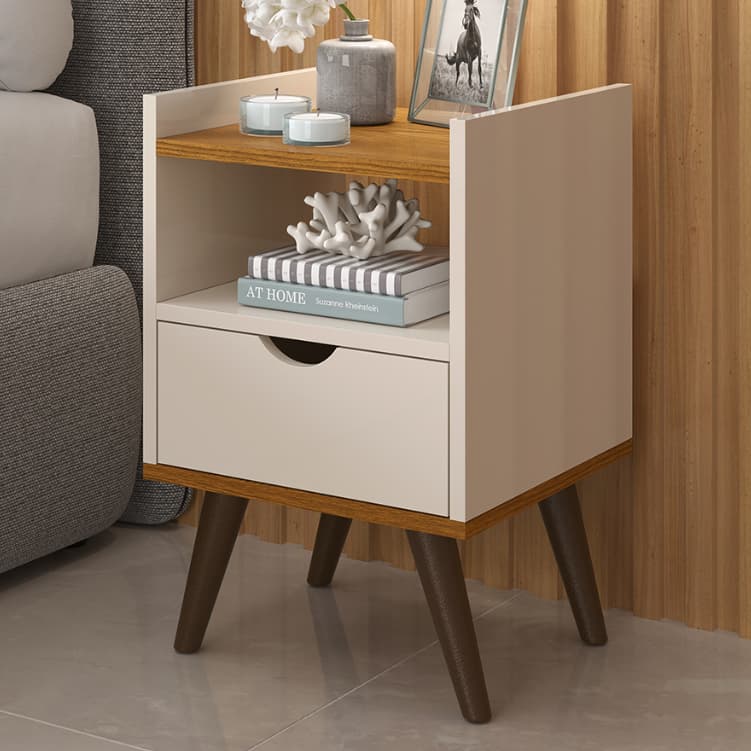 Mesa de Cabeceira Criado mudo Alice Estilo Retrô1Gaveta 1Nicho,Pés Palito,Design Moderno para Quarto