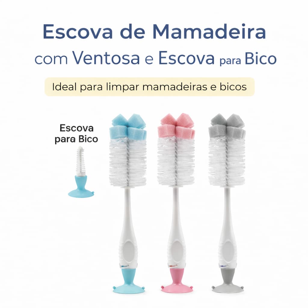 Kit Escovas Para Lavar Mamadeira E Bico Buba Com Ventosa Limpeza Esponja