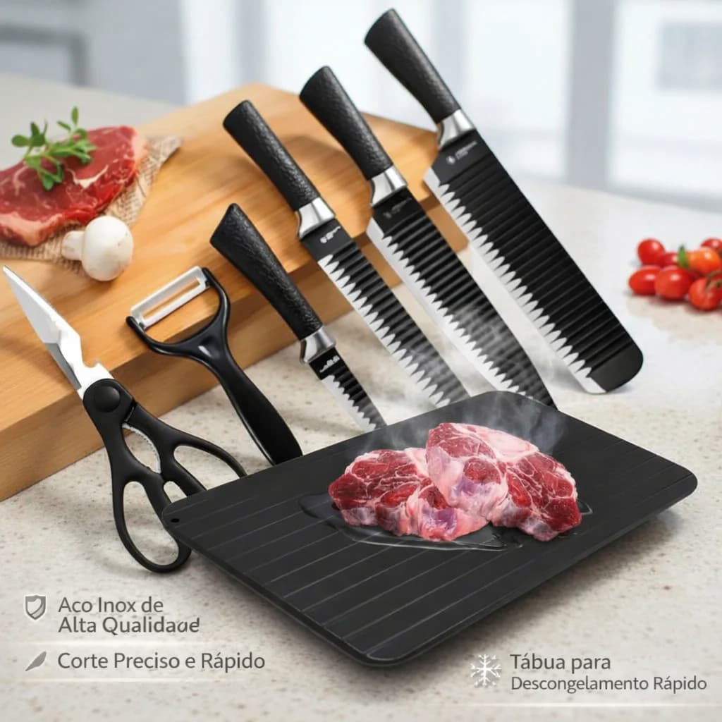 Kit 6 Facas Profissionais Aço Inox + Tábua de Descongelamento Rápido – Cozinha Premium Completa