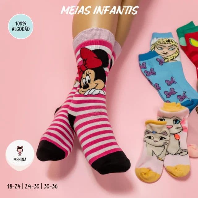 Meias Infantil Personagem  Personalizadas Divertidas Menina 100% Algodão 1 a 11 Anos