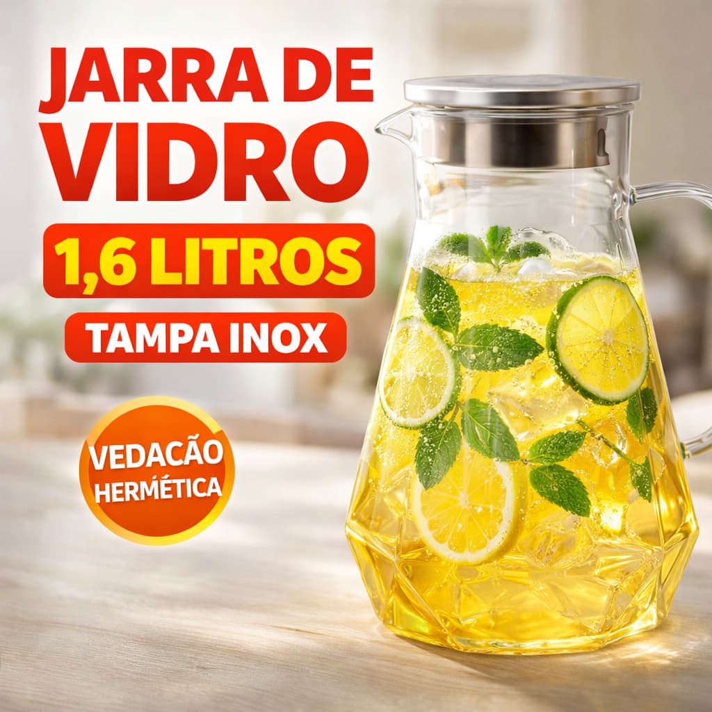 Jarra de Vidro 1,6L com Tampa Inox Água Suco Chá Jarra Elegante Mesa Cozinha Bebidas Água Aromatizada