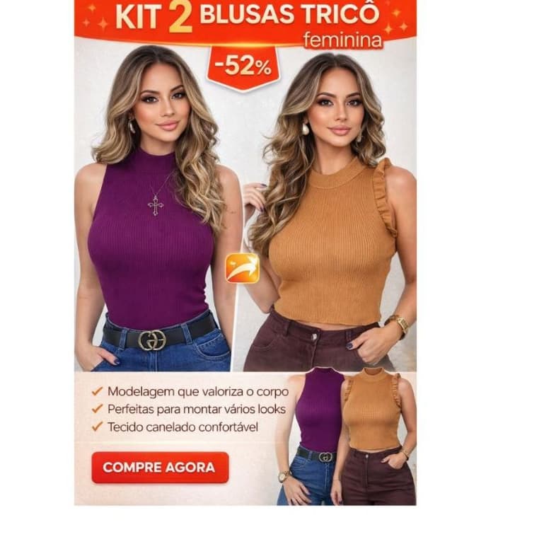 Kit 2 Blusas Feminina Tricô Canelada Gola Alta + Babado Sem Manga Moda Verão Tendência