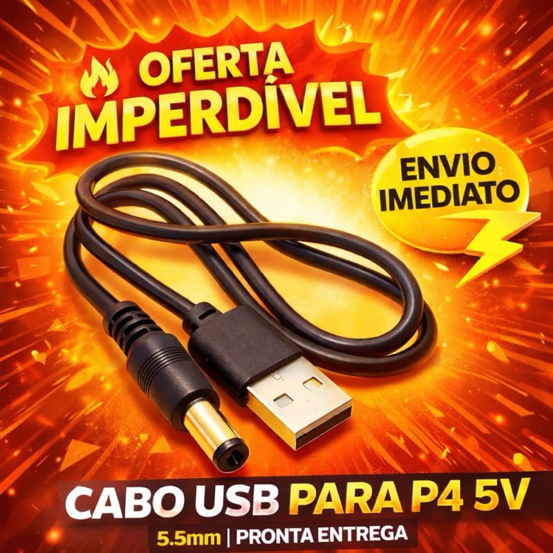 Cabo USB P4 5V DC 5,5x2,1mm para Mini Climatizador Ventilador e Luminária LED