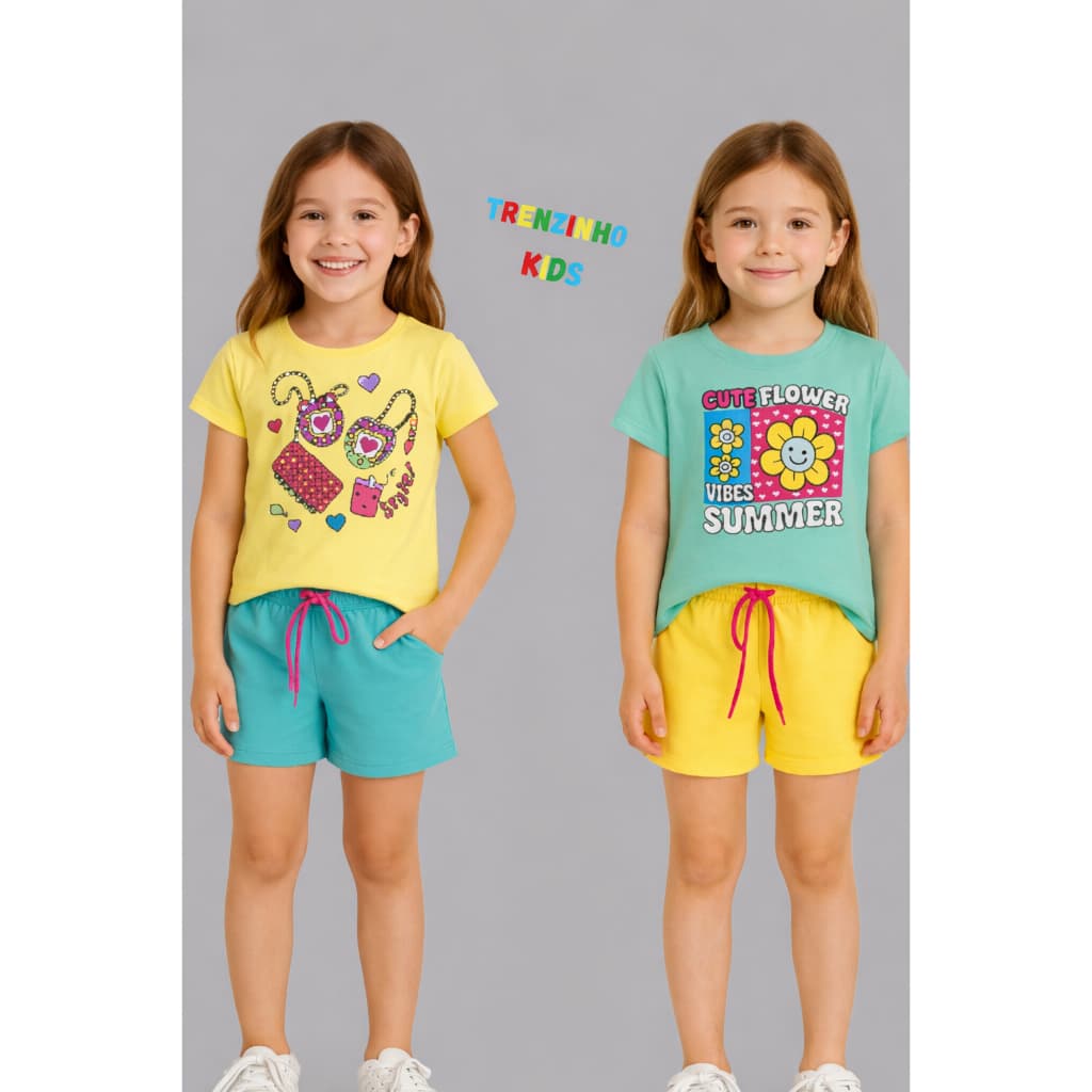Kit 2 Conjuntos Infantil Feminino Roupa Menina Camisa + Bermuda 1 a 3 Anos Confortável