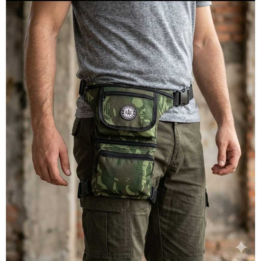 kit 2 pochete bolsa piernera camping paintball motoboy camuflada preta