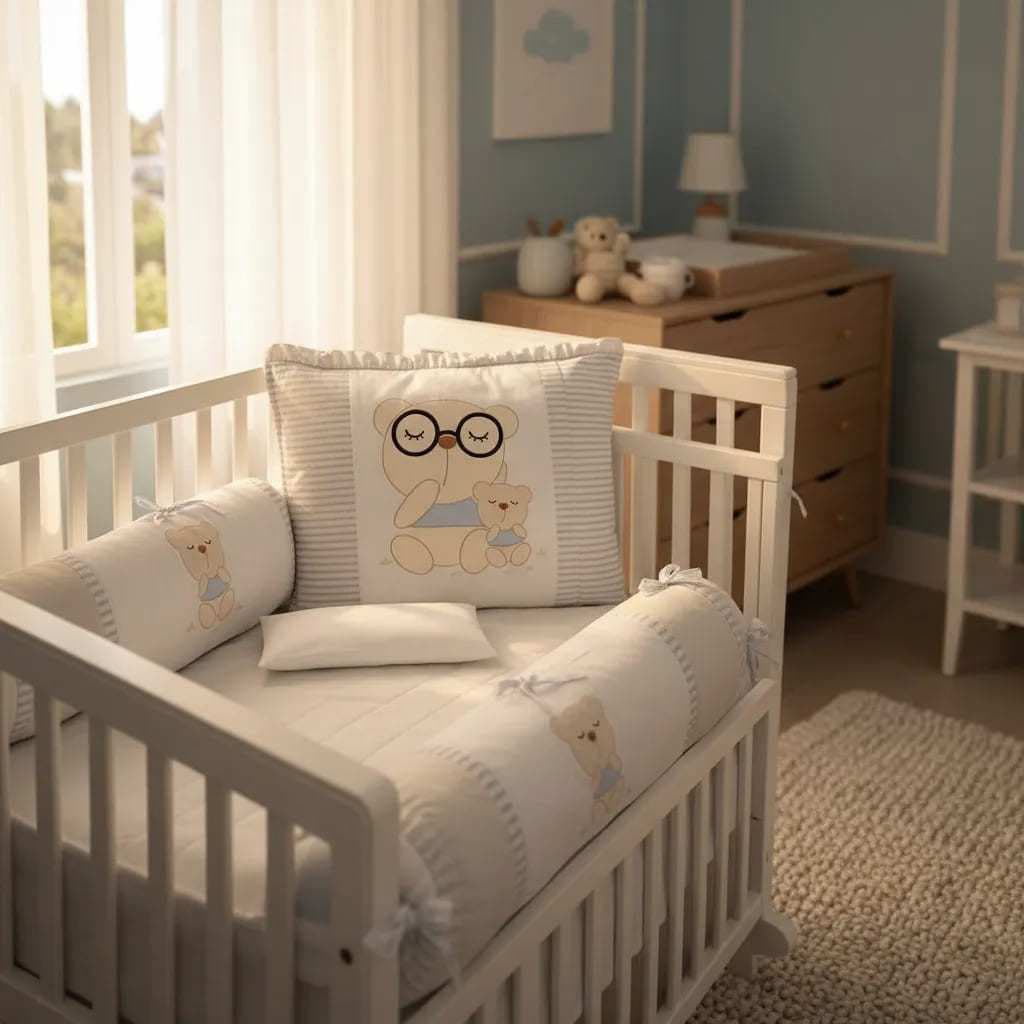 Kit Berço Bebê Ursinho Encanto 9 Peças Menino Conforto e Delicadeza 100% Algodão