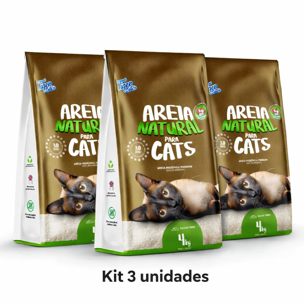 Areia Higiênica Natural Biodegradável Gatos Tiger Cats 4kg forma torroes firmes em 5 minutos kit com 3 unids