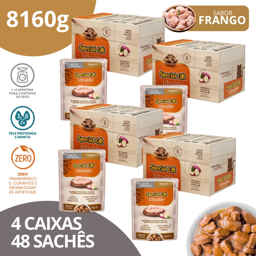 Kit 4 Caixa 12 Sachê Special Cat Ultralife Castrados Sabor Frango - 85g