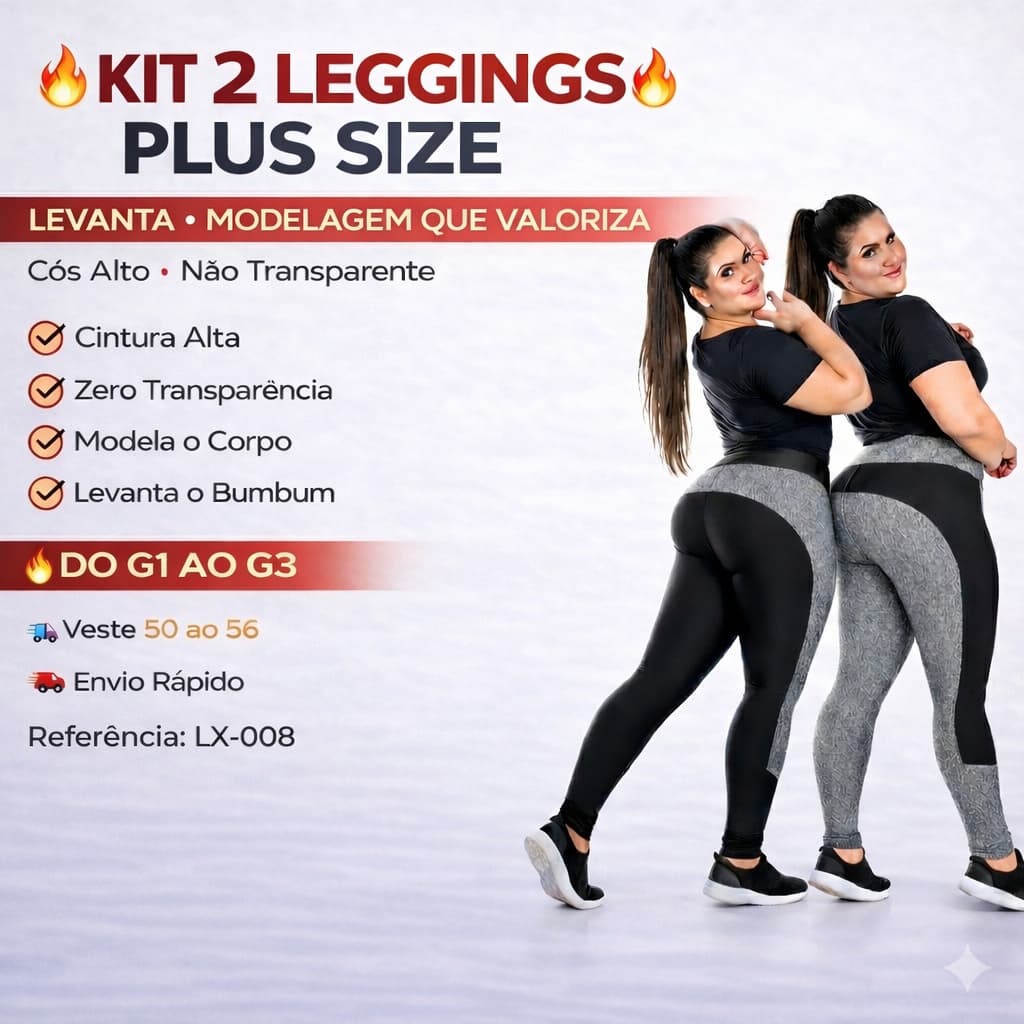 Kit 2 Calças Legging Feminina Cós Alto Modeladora Suplex Academia Fitness Plus Size G1 G2 G3 50 52 54 56