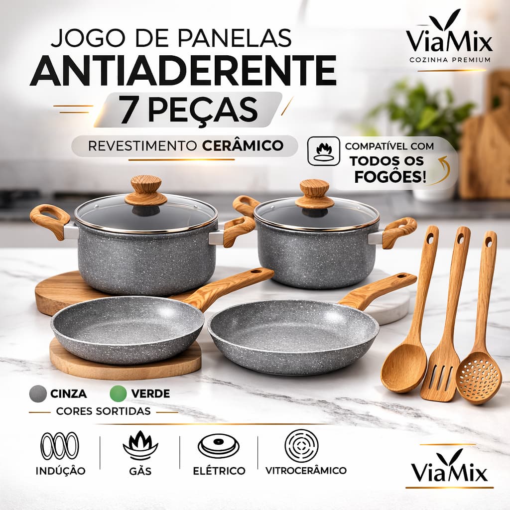 Jogo de Panelas 7 Peças Alumínio Antiaderente Cerâmico Indução Gás Elétrico Vitrocerâmico