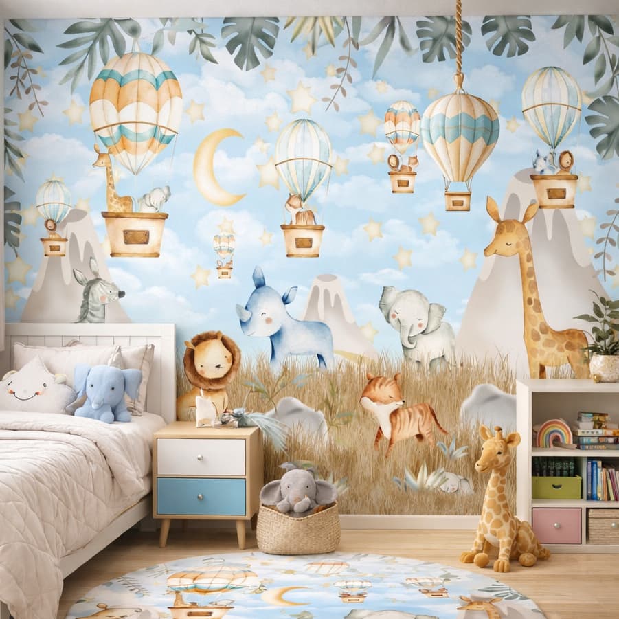 Papel de Parede Safari Azul Painel Adesivo Tema Infantil Menino Animais Fofos para Quarto de Bebê