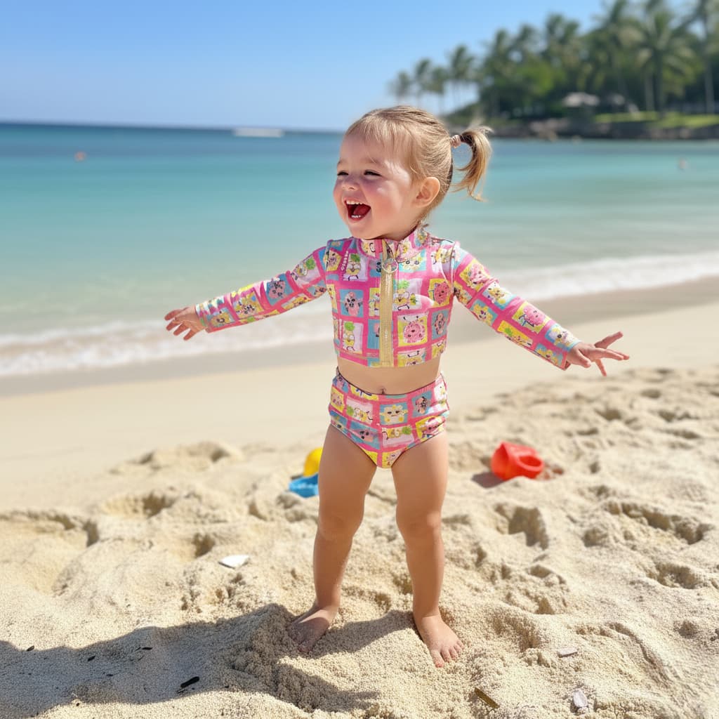 Biquíni Infantil Cropped Manga Longa UV50+ Calcinha Top Conjunto Praia