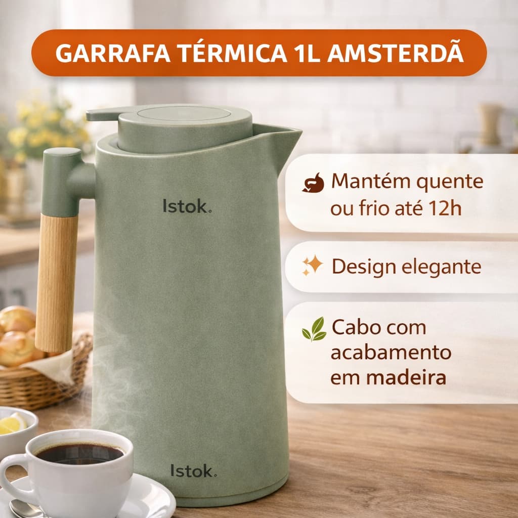 Garrafa Térmica 1L Cabo de Madeira Bule Click Café Chá Leite Água Chimarrão Terere Quente Frio 12h