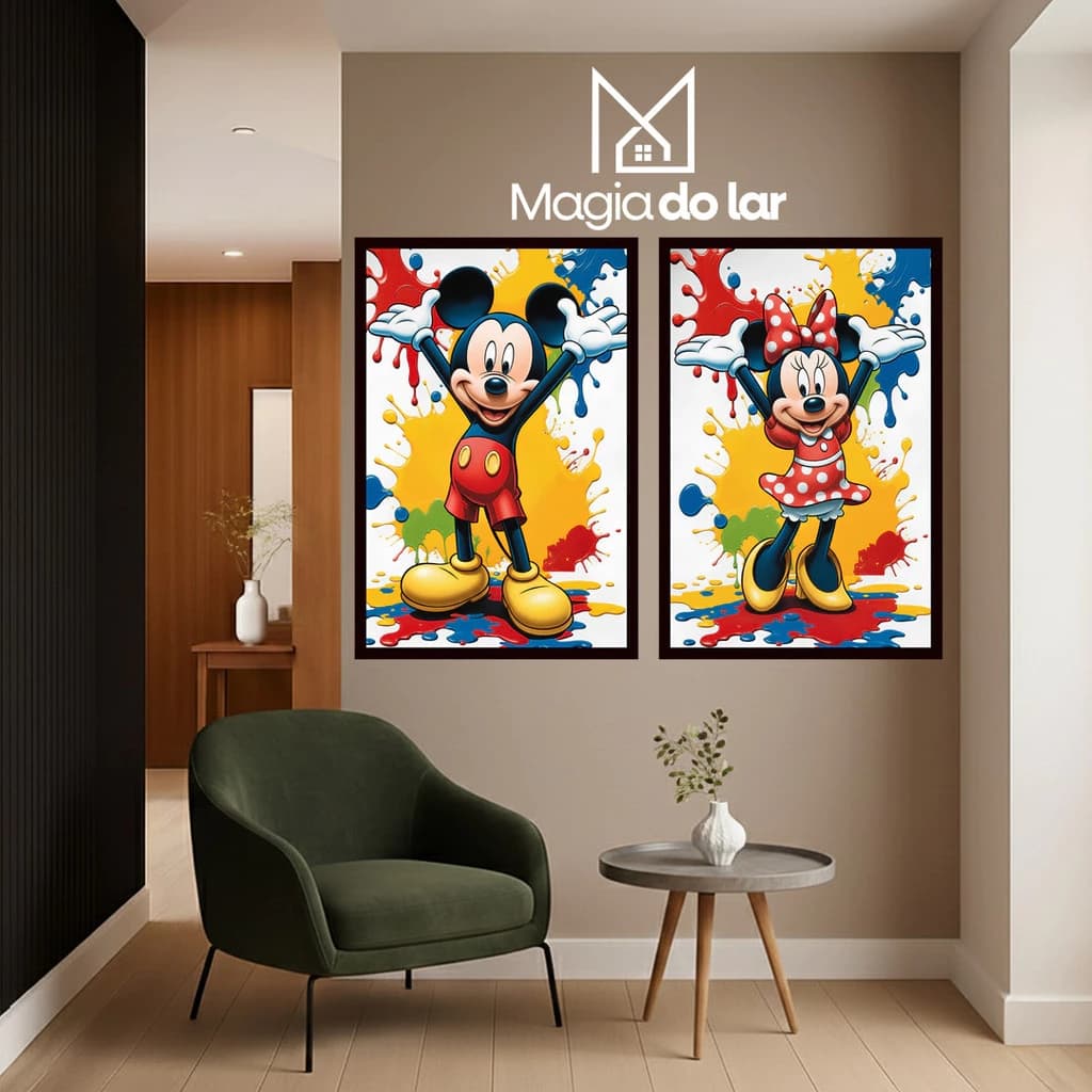 Kit 2 Quadros Decorativos Casal Cartoon Retrô Preto Branco Colorido Arte Moderna Parede Quarto Infantil Sala Decoração