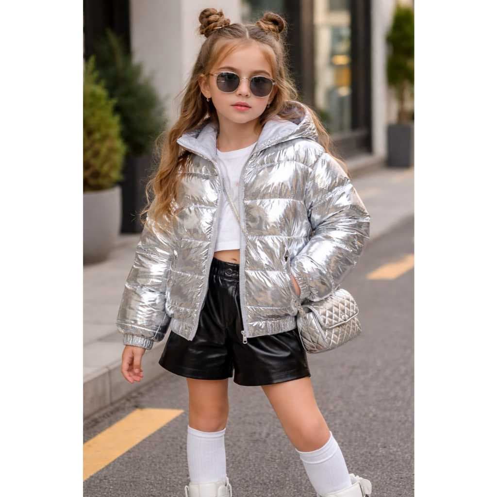 JAQUETA  PUFFER  CAPUZ FORRADA  METALIZADA INFANTIL JUVENIL