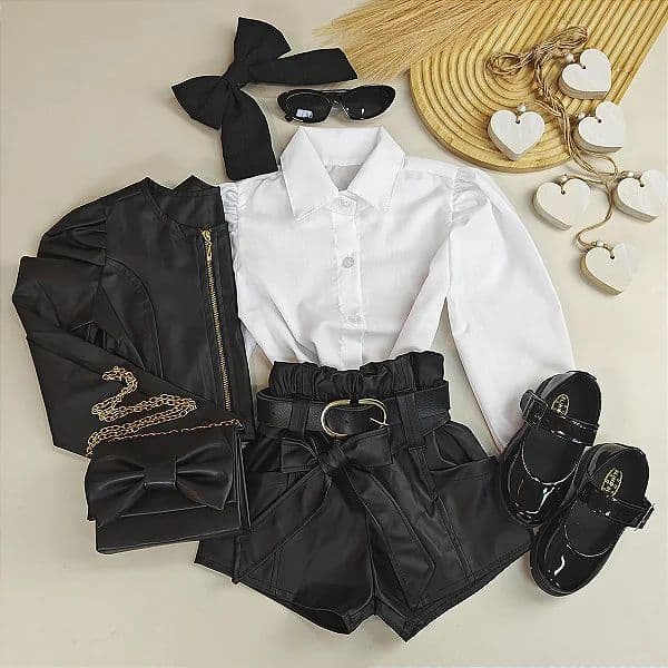 Conjunto Infantil Couro Sintético Jaqueta e Short Moderno e elegante Para Meninas