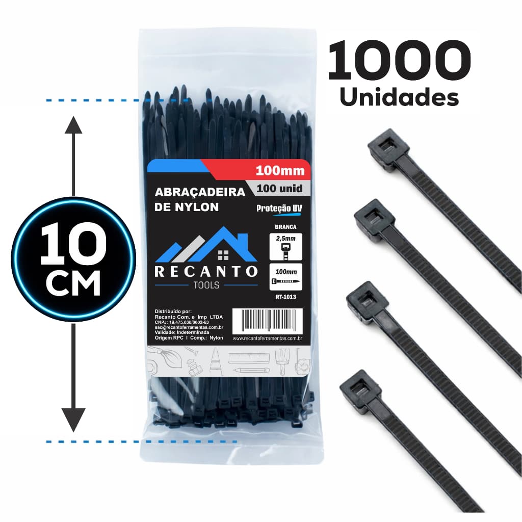 1000 Abraçadeira de Nylon 10cm Cintas Plásticas Enforca Gato Braçadeira - Preta | Branca
