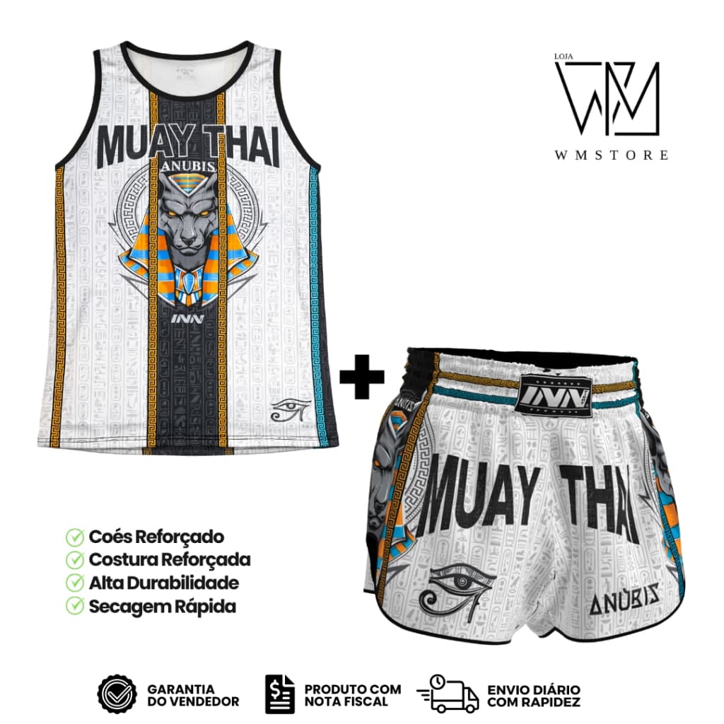 Conjunto Regata e Short Muay Thai Masculino Anúbis Branco