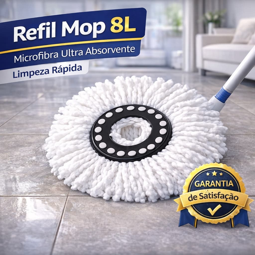 Refil Mop Giratório 8L Microfibra Super Absorção Compatível Mop 360 Esfregão Limpeza