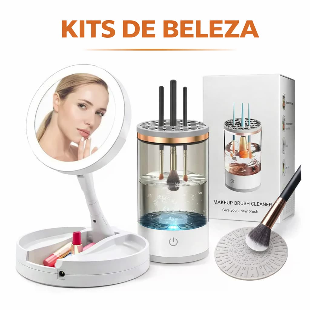 Kit para Maquiagem - Espelho Camarim com Iluminação LED + Lavador de Pincéis Automático