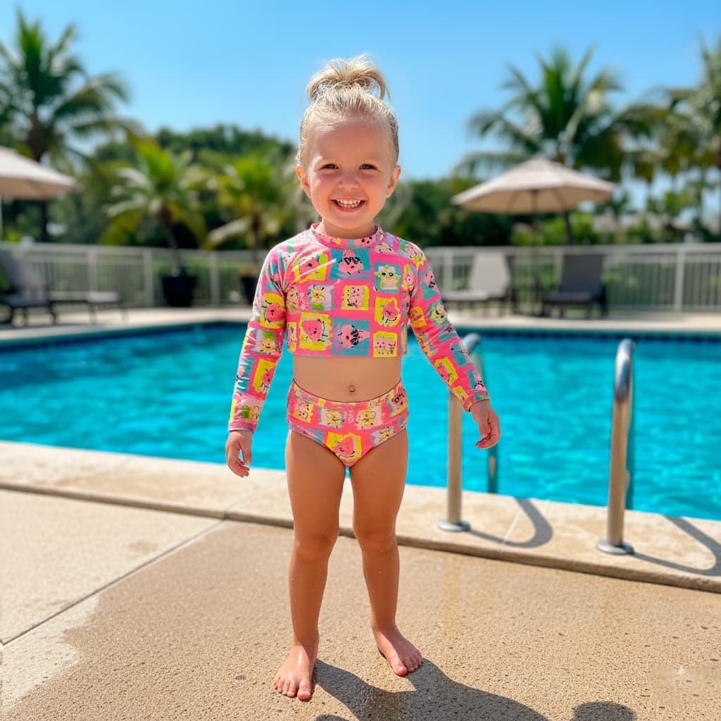Conjunto Infantil UV50+ Biquíni Manga Longa Praia Menina Moda Verão