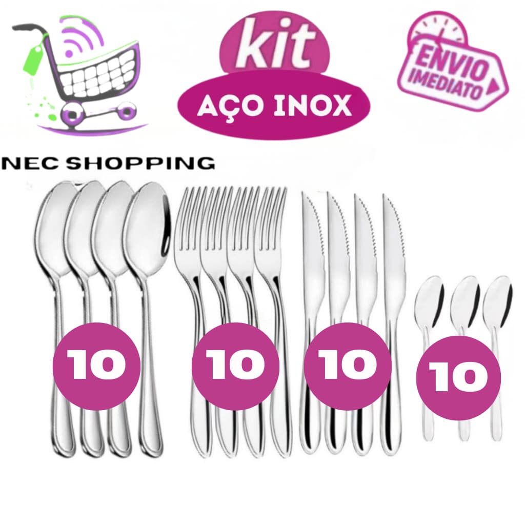 Kit 40 Talheres Inox 10 Garfo 10 colher 10 Faca 10 Colher sobremesa Casa Cozinha Buffet Restaurante  Pousada Resort