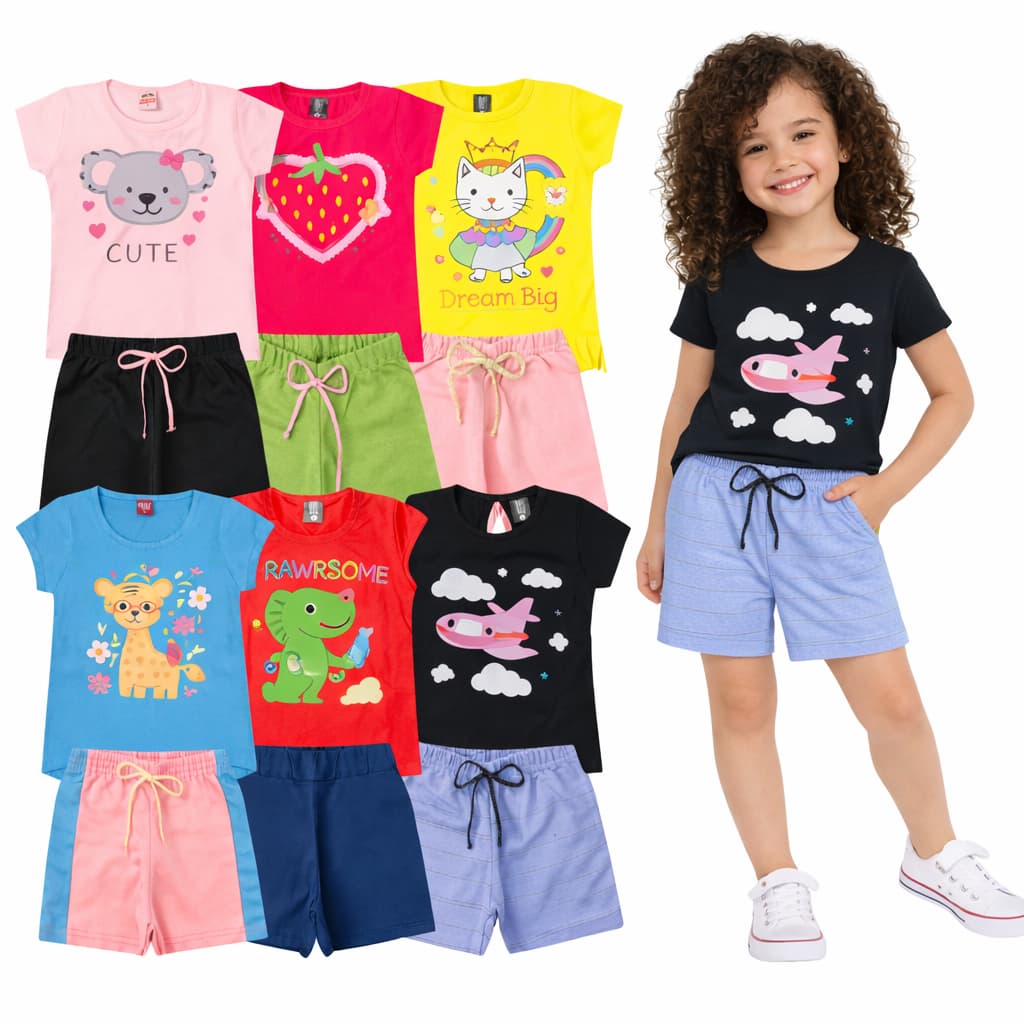 Kit 6 Peças Infantil Menina Verão 1 ao 16 - 3 Conjuntos Roupa Infantil