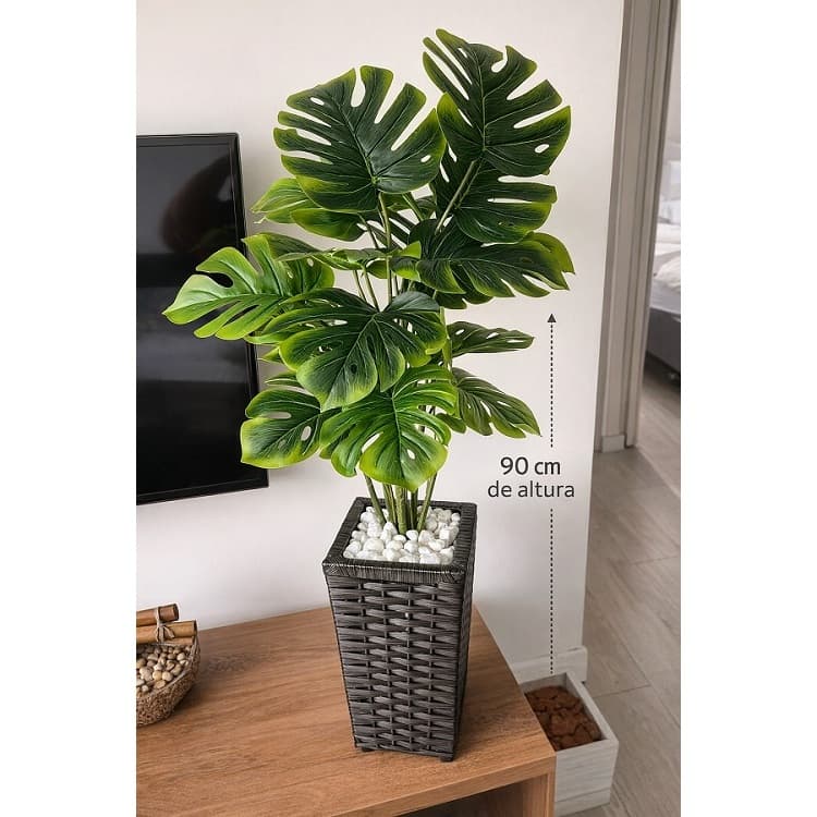 Planta Artificial Costela de Adão Grande 90cm com Vaso Decorativo Planta Permanente para Sala Escritório