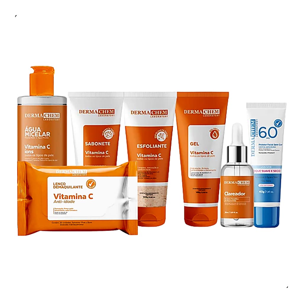 Kit Vitamina C Dermachem Skincare – Pele Iluminada e Hidratada com Protetor Solar + Toalha Umedecida