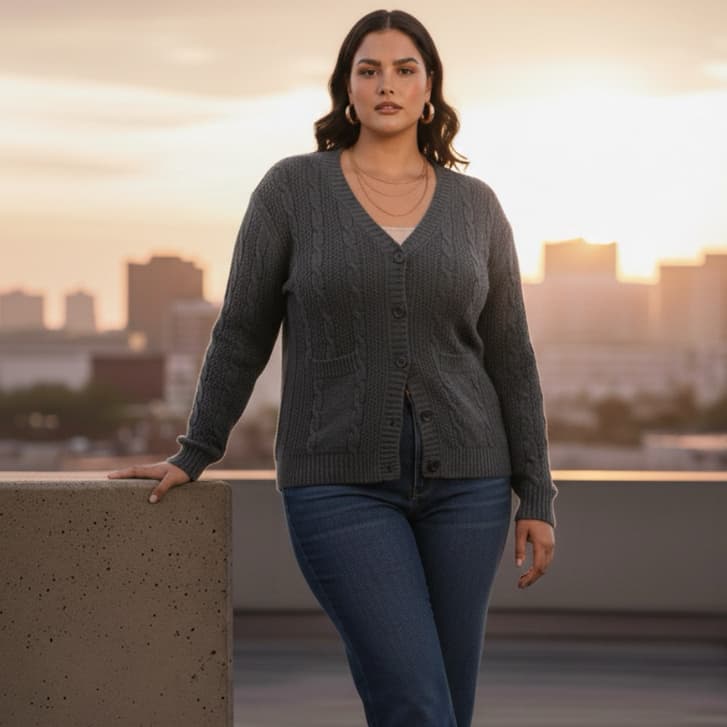 Casaco Tricô Em Trama Trabalhada Feminino Plus Size com Bolso Inverno Alongado Quentinho Elegante Tricô