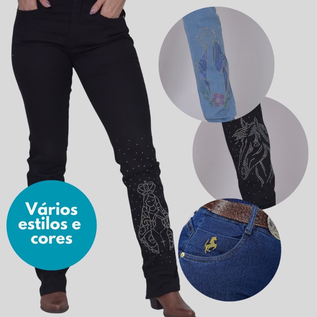 Calça Country Feminina Bordada e Com Strass Jeans com Elastano Boiadeira Pecuária Rodeio e Vaquejada