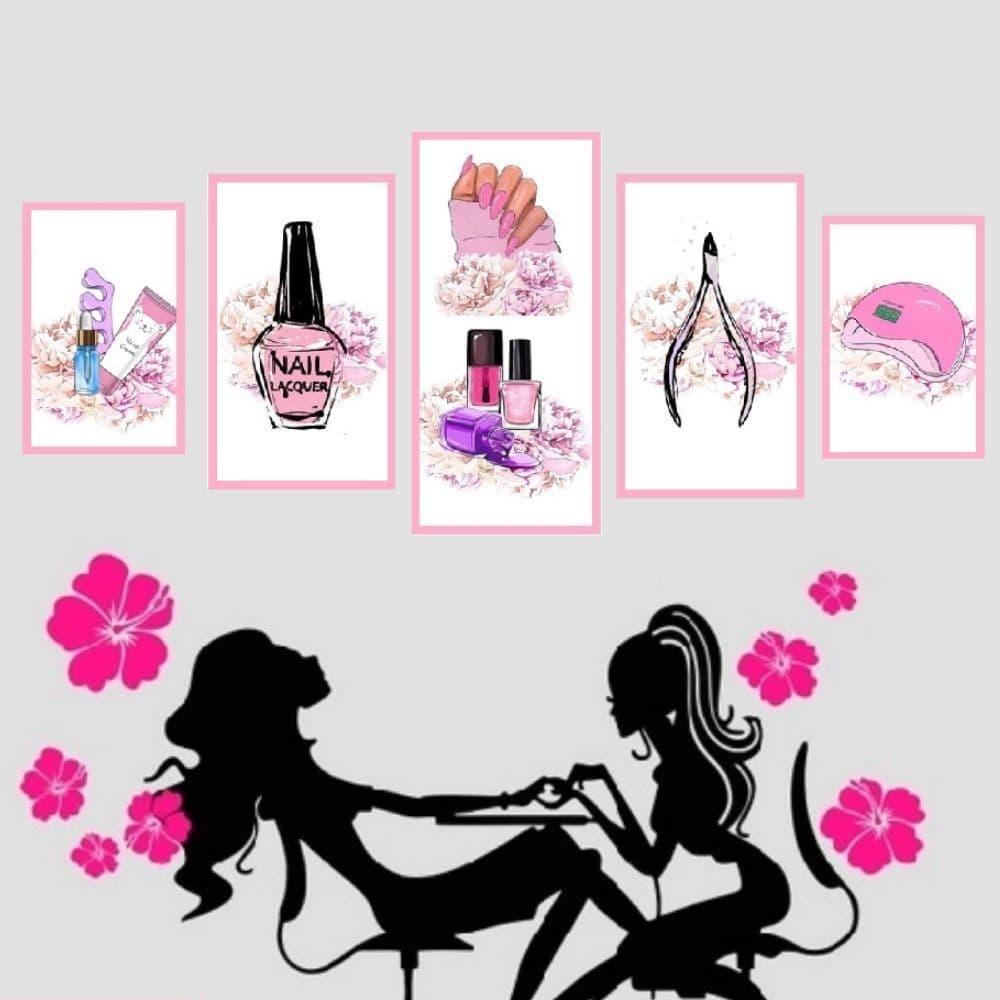 Quadros Decorativos Salão de Beleza Manicure Rosa Mosaico 5 peças 115x60 cm