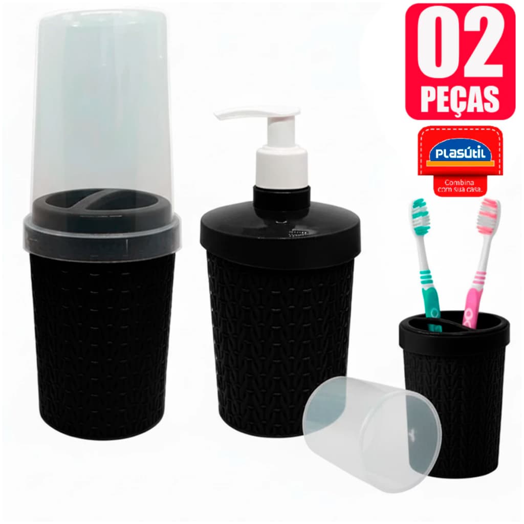Kit Banheiro Lavabo Ratan Preto – Porta Sabonete Líquido Porta Escova Plastico Resistente