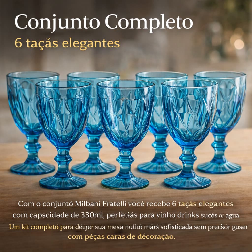 Taças de Vidro Azul 330ml para Vinho Jogo com 6 Elegante Mesa Posta Luxo