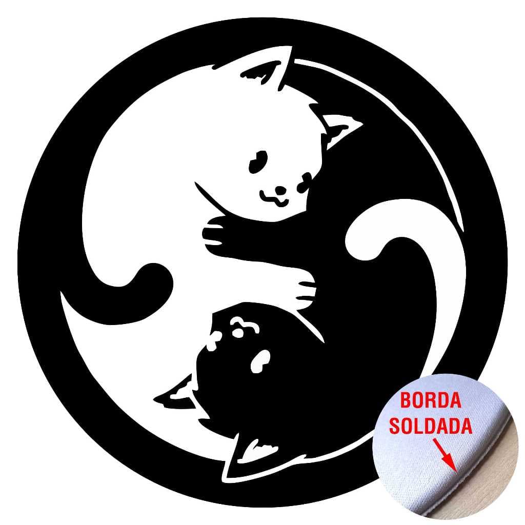 Mouse Pad Redondo Yin Yang Gatos Cats com Borda Soldada