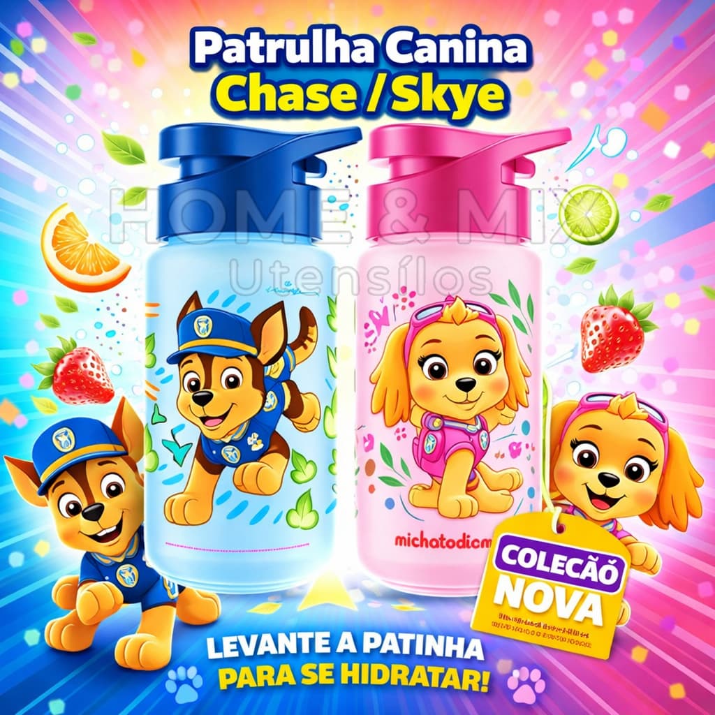 Garrafa Infantil Patrulha Canina 500ml Garrafinha para Crianças Squeeze Para Bebida Refeição Escolar