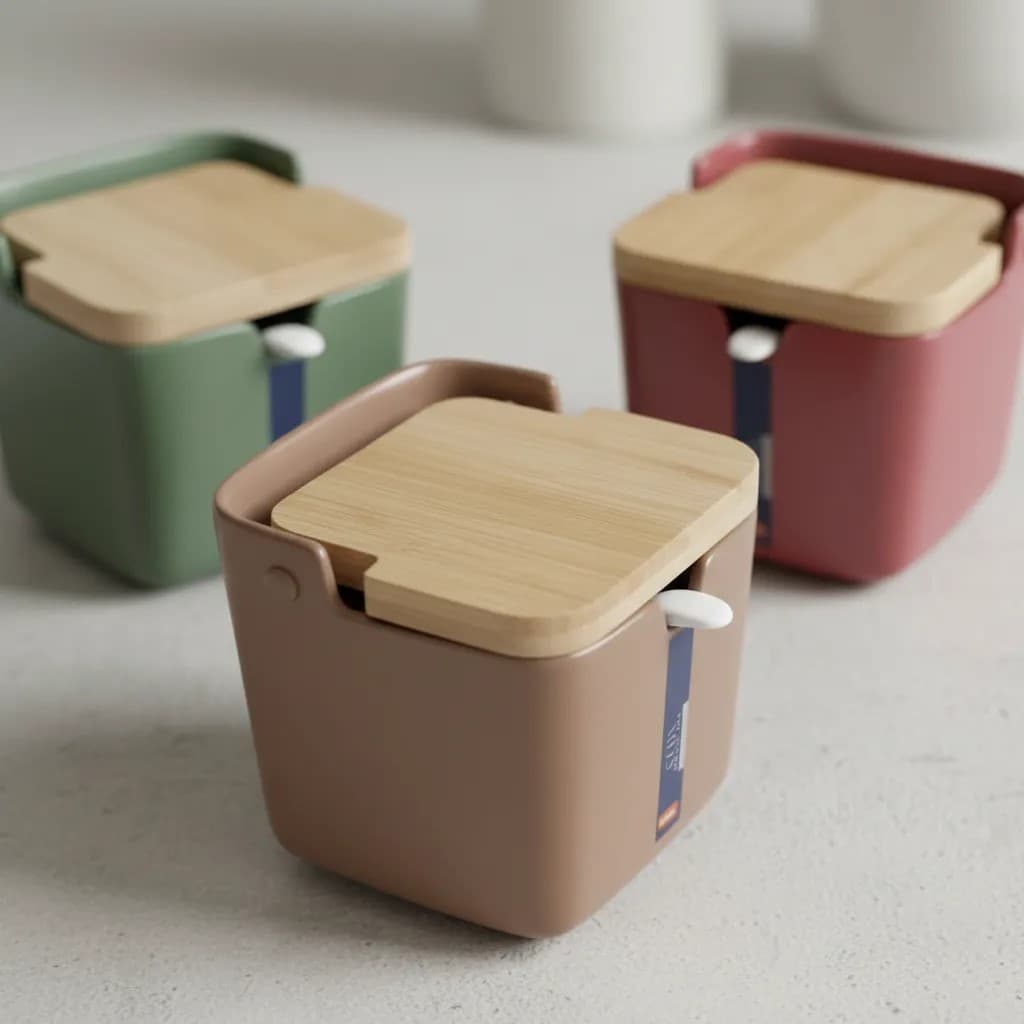 Saleiro De Porcelana E Colher Com Tampa De Bambu Wellmix