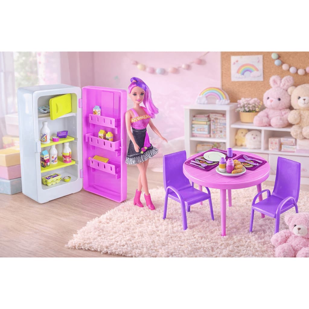 Brinquedo Geladeira Infantil Cozinha Completa Boneca Mesa Cadeiras Acessórios Rosa Menina