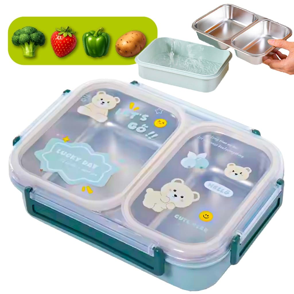 Marmita Lancheira Escolar Infantil De Aço Inoxidável Com 2 ou 3 Divisórias Internas 880ml Linha Premium