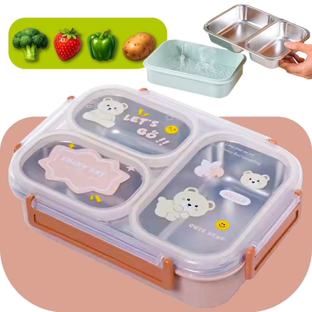Marmita Lancheira Escolar Infantil De Aço Inox Com 2 ou 3 Divisórias Internas 880ml Top