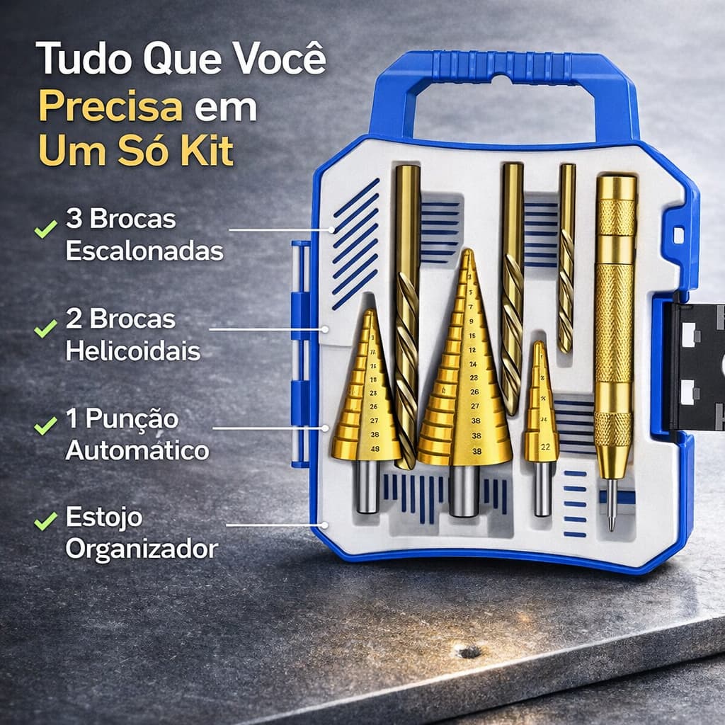 Jogo Broca Escalonada Broca Corte Lateral Marcador Punção 7 Peças Com Estojo Organizador