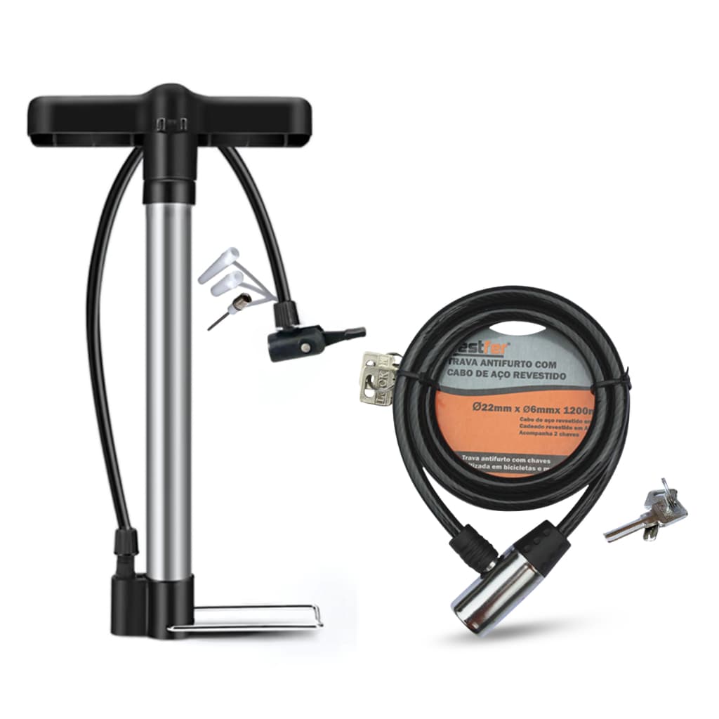 Kit Bomba de Ar Encher Pneu Bicileta 30cm + Cadeado Cabo de Aço Trava Antifurto Segurança Bike