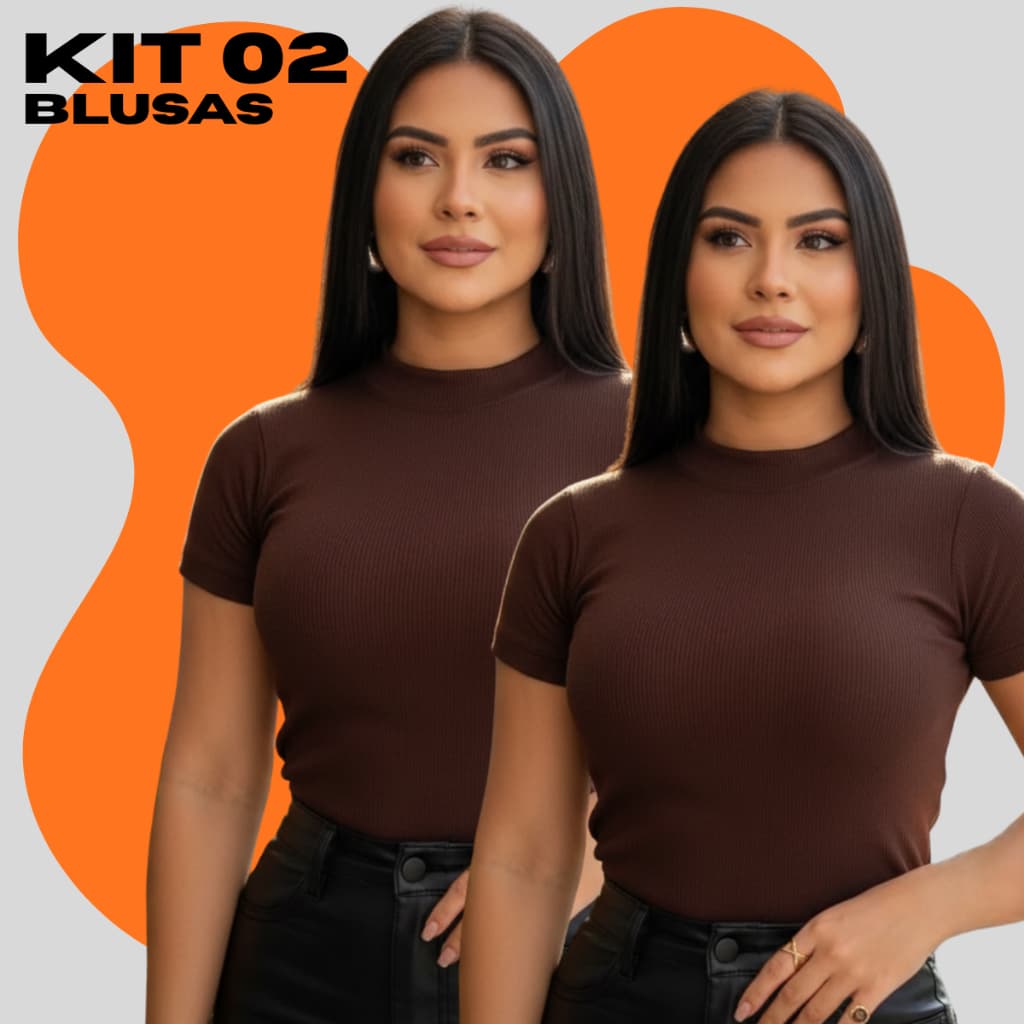 KIT 02 Blusas Ribana Camisa Malha Canelada Manguinha Casual Básica Modeladora Confortável 36 ao 42