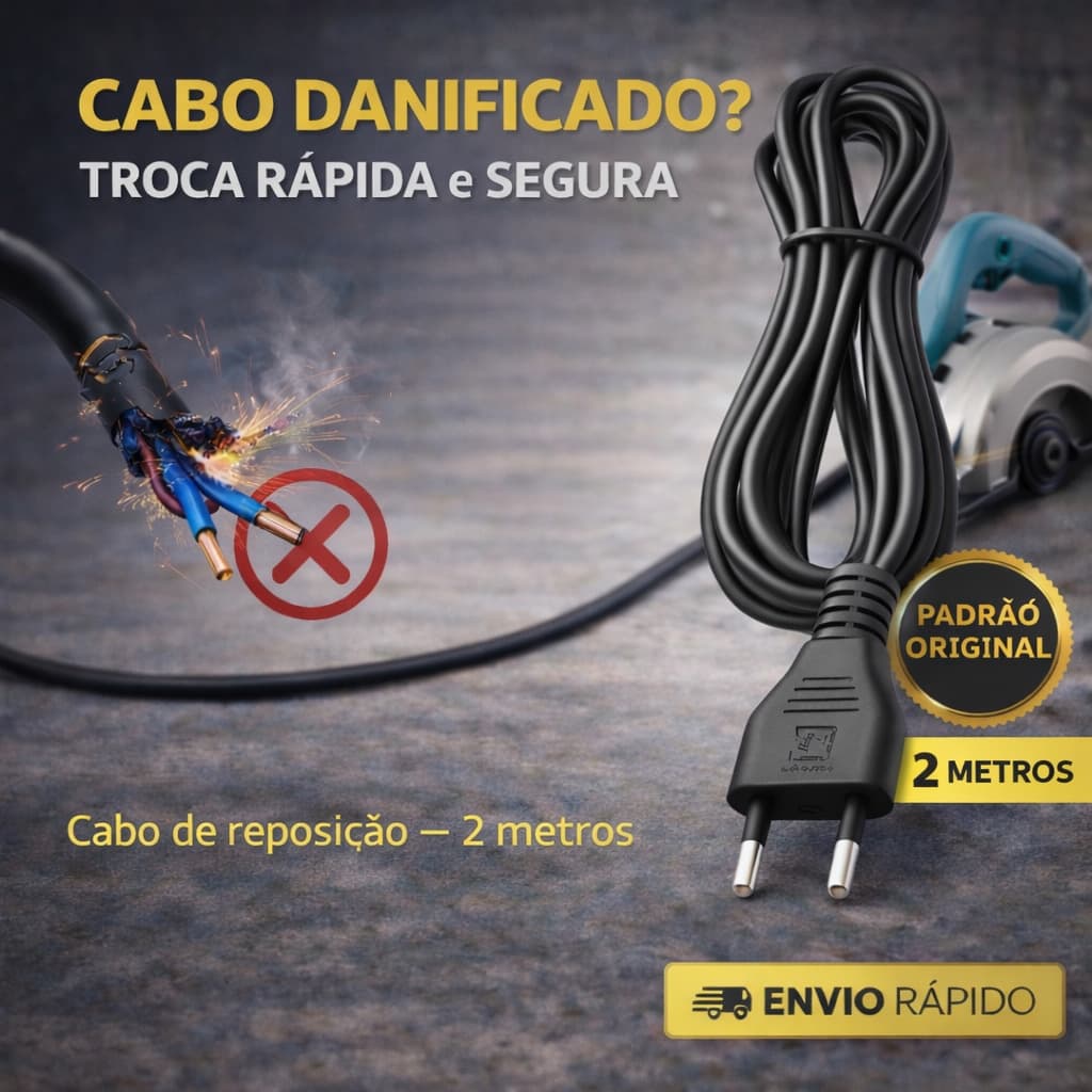 Cabo PP Plugado 2 Metros – 2 Vias com Protetor p/ Serra Mármore e Lixadeira, (entre outras)