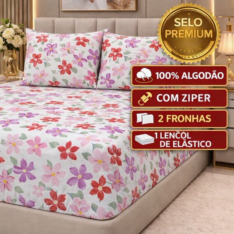 kit Lençol malha queen box casal 100% algodão com fronha estampa aquarelado flores vermelhas e rosas  - 3 peças