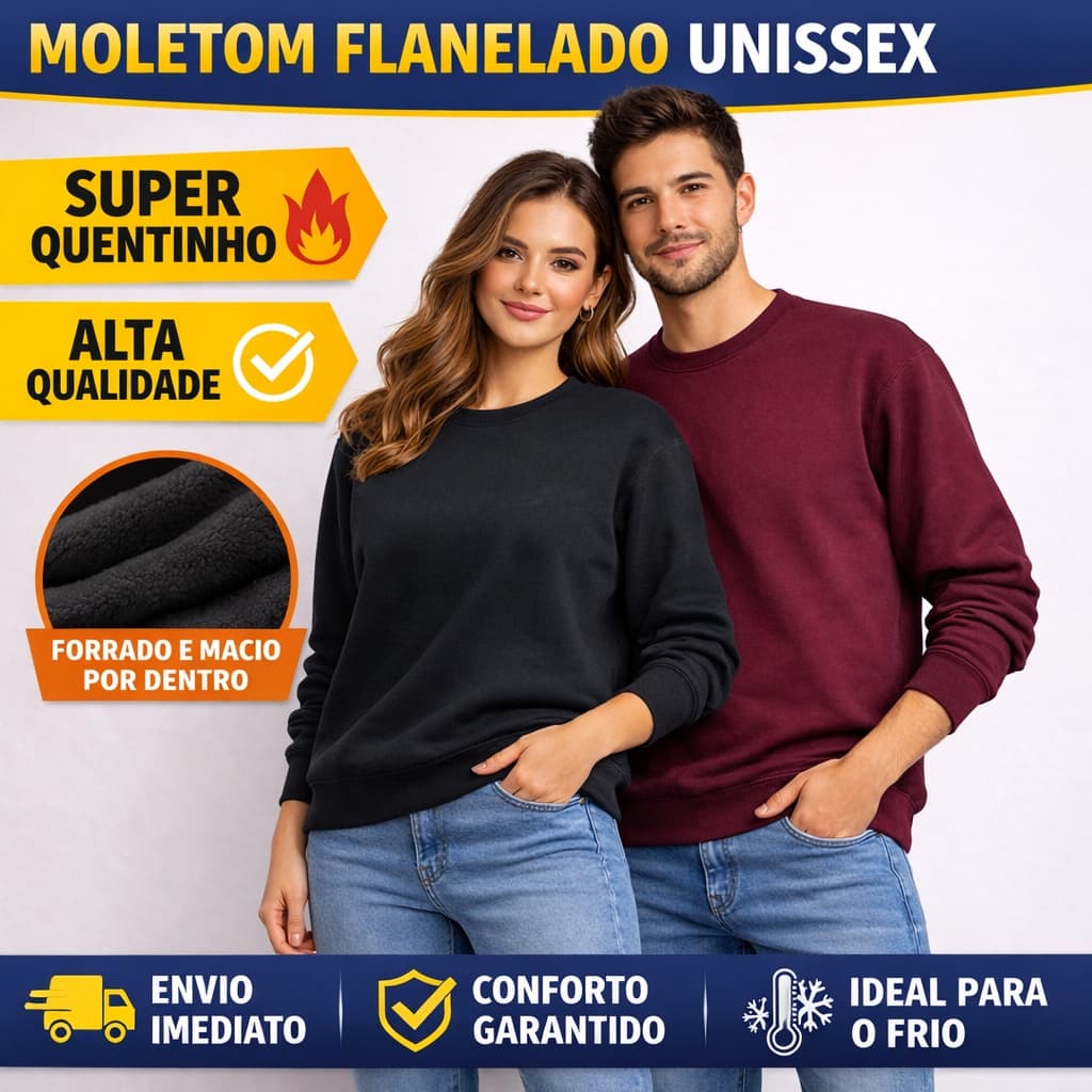 Blusa de Moletom Flanelado Unissex Gola Careca Inverno Casual Confortável