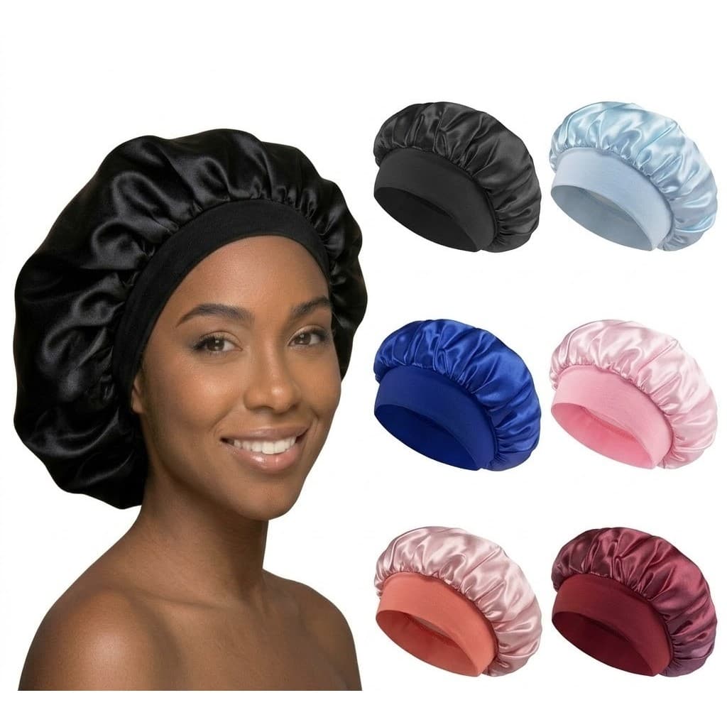 Touca/Gorro de Dormir de Cetim com aba Faixa Larga Gigante Cabelo Anti-Frizz toca Head