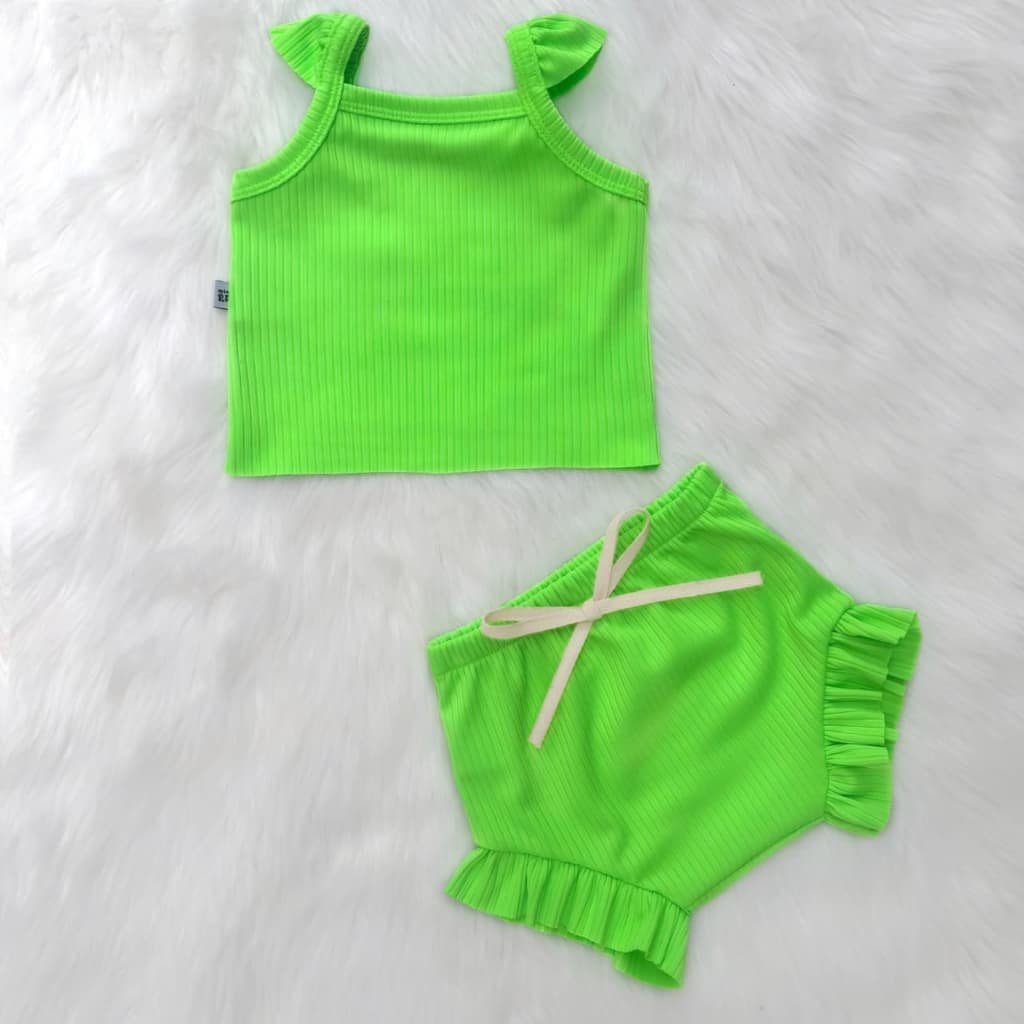 Conjunto Regatinha e Shorts Canelado Fru-Fru Bebê Infantil Menina Verão Neon para Passeio