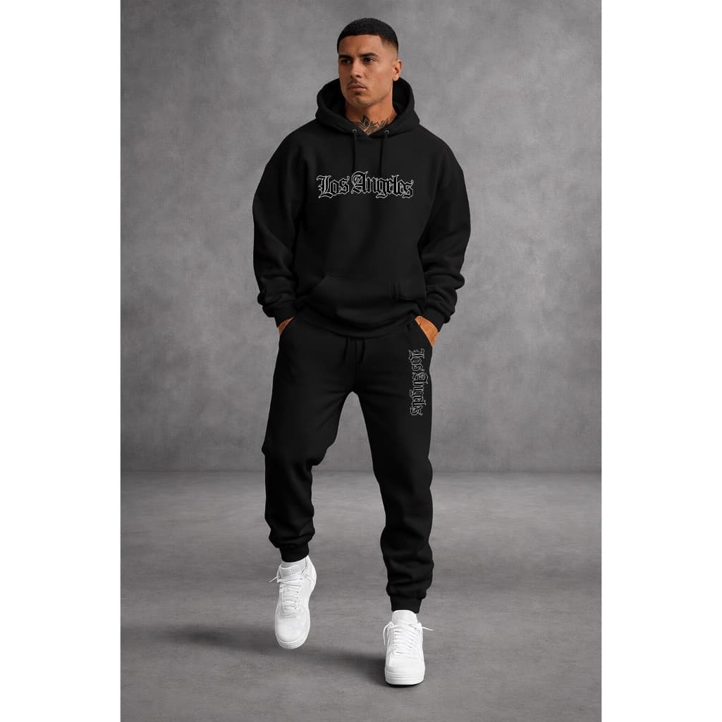 Conjunto Moletom Masculino Los Angeles com Capuz + Calça Jogger Moletom Inverno Casual Streetwear Confortável